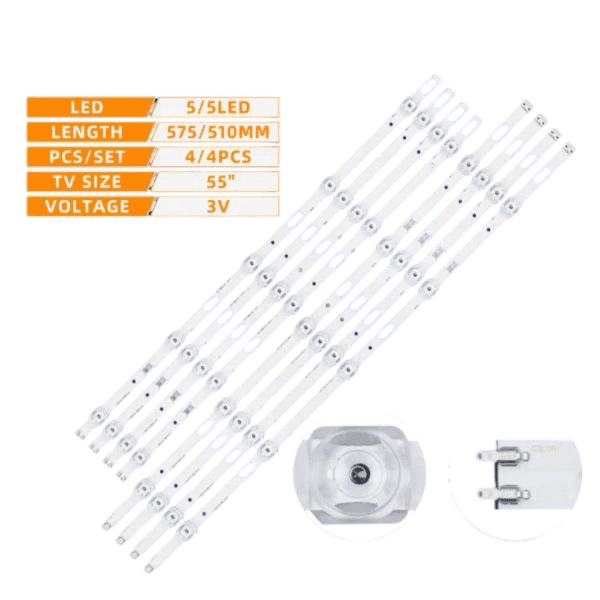 Kit barete Samsung 55" UE55TU8072U, UE55TU7172, UE55TU7170U, UE55TU7090U, UE55AU7172, UE55TU7125, UE55TU7092U, UE55TU7100. Set de 8 barete, fiecare având 5 leduri, lungimea fiind de 510/576mm, 4*R+4*L. Tensiune : 3v/led Compatibile cu urmatoarele modele de televizoare: UE55TU7000K, UE55TU7000U, UE55TU7002U, UE55TU7005K, UE55TU7022K, UE55TU7025K, UE55TU7070U, UE55TU7072U, UE55TU7090U, UE55TU7097U, UE55TU7100U, UE55TU7102K, UE55TU7105K, UE55TU7140U, UE55TU7160U, UE55TU7170U, UE55TU7172U, UE55TU7190U, UE55TU7192U, UE55TU7500U, UE55TU7540U, UE55TU7560U, UE55TU7570U, UE55TU8000U, UE55TU8005K, UE55TU8070U, UE55TU8072U, UE55TU8300U, UE55TU8372U, UE55TU8500U, UE55TU8570U, LH55QETELGC, LH55BETHLGF, LH55BETHLGF, HG55NT690UF, HG55NT670UF, HG55NT678UF,UN55TU700DF (FA01) UE55TU7020K , UE55TU7102 , UE55TU7092U , UE55TU7125 , UE55TU7025 , UE55TU8000 , UE55TU7100 , UN55TU8000FXZA, UN55TU700DFXZA, UN55TU8200FXZA, LH55QETELGCXGO, LH55BETHLGFXZA, LH55BETHLGFXGO, HG55NT690UFXZA , HG55NT678UFXZA , HG55NT670UFXZA , UE55TU7000 UE55TU7020K , UE55TU7092U , UE55TU7125 , UE55TU7025 , UE55TU8000 , UE55TU7100 , UE55TU8000FXZA, UE55TU700DFXZA, UE55TU8200FXZA, LH55QETELGCXGO, LH55BETHLGFXZA, LH55BETHLGFXGO, HG55NT690UFXZA , HG55NT678UFXZA , HG55NT670UFXZA , UE55TU7000 , UE55TU7110 , UE55TU7070 , UE55TU7175 , UE55TU7172 , UE55TU7170 , UE55TU8000 , UE55TU8072 , UE55TU8005 , UE55TU8075 , UE55TU8070 , UE55TU8002 , UE55AU7172 , UE55TU7125 , UE55TU7110 , UE55TU7070 , UE55TU7175 , UE55TU7172 , UE55TU7170 , UE55TU8000 , UE55TU8072 , UE55TU8005 , UE55TU8075 , UE55TU8070 , Serii barete: SVC550F53/78_L R BN96-50315A 50316A BN96-50315A, BN96-50316A, V0T7-550SMA-R0, V0T7-550SMB-R0, LM41-00871A, LM41-00872A, LM41-00889A, LM41-00890A, LM41-00907A, LM41-00908A, SVC550f53/78_L, SVC550f53/78_R, LM41-00890A R1.0 TBJ_100_6.5Pi E5CFM_R5(1), LM41-00889A R1.0 TBJ_100_6.5Pi E5CFM_L5(1) Serie display: CY-BT055HGLV3H Barete Samsung 55" UE55TU8072U, UE55TU7172, UE55TU7170U, UE55TU7090U, UE55AU7172, UE55TU7125, UE55TU7092U, cod79 - imagine 2