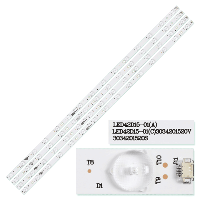 Set barete Starlight 42DM2000, LED42D15-01(C) 303420152. Număr de barete într-un set: 4 (sau 4 perechi de 7 și 8 LED-uri) Lungime: 850 mm Număr de LED-uri pe bară: 15 Voltaj LED: 3V/LED Material bară: Aluminiu Bandă adezivă: NU- la cerere Modelele de Televizoare Compatibile TCL: LE42E6900, LE42B310G, LS42H6000, LE42B510F, LS42K5500, D42A561U, L42E6900 Telefunken: TF-LED42S37T2, TF-LED42S39T2S Haier: LE42B310G, LE42B510F, LE42B8000TF, LE42B9000TF, LS42A51, LS42H6000, LS42K5500 JVC: LT-42C550, LT-42C571, LT-42EM76, LT-42E55B, LT-42M650 Toshiba: 42F1633DG Altele: Akai AKTV4220, Panda LED42M37S-UD, Starlight 42DM2000, Sanyo 42CE3210D LELE42B510F, LE42K5500TF, 42LE4255D, MC5500012000437, 42E3500A, 42LET41T2, 42A6/Haier, LE42B8000TF, LE42B8000, 42DM2000, 42F1633DG, 42LEM-1027/FTS2C, LE42B9000TF, LE42B310N, LE42D8810/TCL, LED42HS27, 42A3/LS42A51, 42A5M/Sanyo, MHDV4233-U4, LED42S37T2, LE42K50F, F42B7000M, KL42GT618, LS42A51/42A3, PLDED4243A, LED43D1501A, MTV4331LTA2, LE42E6900, 42LE7218D, RLDED4215A-D, LE42B310G, V420HJ2-PE1, LS42K5500, LED42E3000, LE42E6900/TCL, LC42T400FL, 42BF41-T2W, LED43D15-01, LE42B310, 42FH8000, LED42D15-01, LE42D8810, LED42M37S-UD, LED42DN4, V420HJ2-P01, 42E2000S, L42E6900, D42A561U, LE42AL88U51, LS42H6000, LE42B510F/Haier, V420HJ2-XR01, V420DK1-QS1, RLED4243A-UHD, LE42AL88U51/Haier, F42C7000E, LED42S39T2S, 43D3503V1W15C1B8541, AKTV4220, PLDED4243A-UHD, PLED4275A, LE42AL88G30, 42LEX-5037/FT2C, 42CE3210D Serii de Barete LED LED42D15-01(C) LED42D15-01(A) 3034201520V 3034201520S 4200M27 Serii de Panouri Compatibile Model panou: V420HJ2-P01, V420HJ2-PE1, V420DK1-QS1 Serii panou: P/N 3034201520V - 2015-06-04 - Y63778C - A21/D/S Alte Detalii Instrucțiuni de verificare: Este important să verificați dimensiunea baretelor, mufele, poziția LED-urilor și orificiile de montare înainte de achiziție. Suport pentru clienți: În cazul în care întâmpinați dificultăți, vă recomandăm să contactați echipa de suport pentru asistență. Recomandare de instalare: Pentru a preveni deteriorarea televizorului, este indicat să apelați la un tehnician specializat. Barete Starlight 42DM2000, LED42D15-01(C) 303420152, cod0230